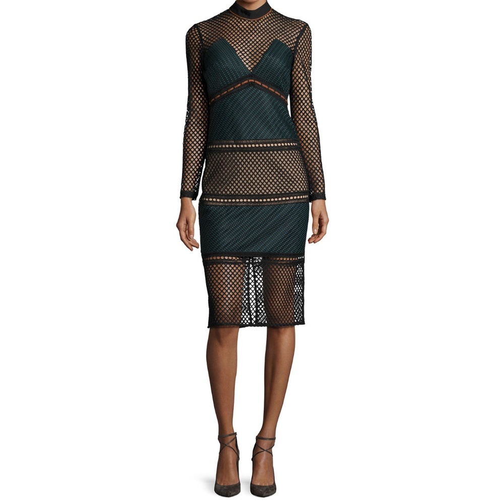 SELF-PORTRAIT Forest Green Fitted Lace Mesh Midi - Picture 2 of 4